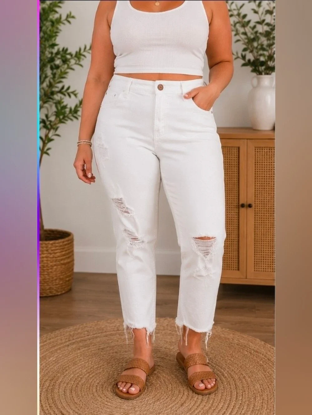 SO High Rise Distressed Crop Jeggings – White – Size 15 (32 Waist) – Stretch